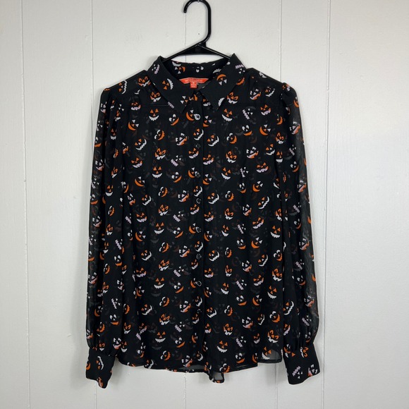 ModCloth Womens Black Halloween Pumpkin Print Long Sleeve Button Up Shirt M - Picture 1 of 4